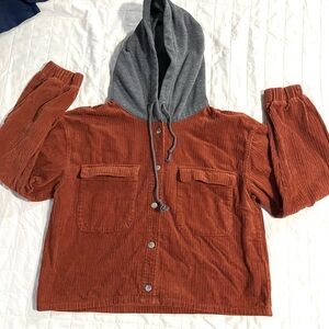Forever 21 Cropped Boxy Brown Hooded Jacket Corduroy Snap Button Womens Sz M